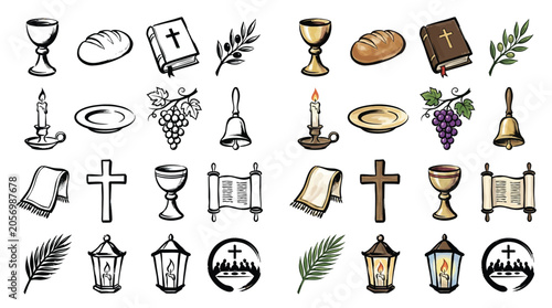 Canvastavla Collection of Christian religious symbols and icons, including chalice, bread, bible, olive branch, candle, cross, and scroll
