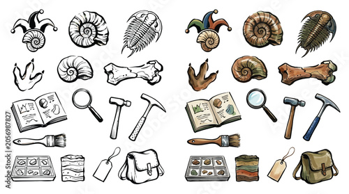 Konstfotografi Collection of paleontological excavation tools, fossils, and related items, presented in both sketch and colored versions