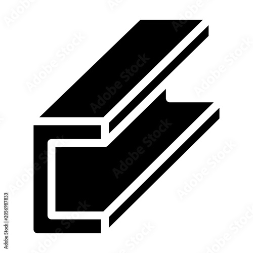 channel beam glyph icon. C shaped steel profile shown in perspective. used as structural support in framing and construction. structural engineering and civil construction