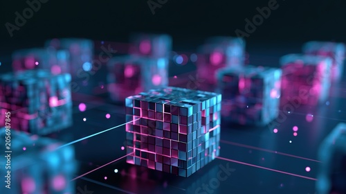 An abstract technological background, featuring interconnected, glowing geometric data blocks and server units against a deep blue background, representing a network information technology ecosystem.