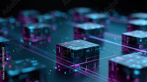An abstract technological background, featuring interconnected, glowing geometric data blocks and server units against a deep blue background, representing a network information technology ecosystem.
