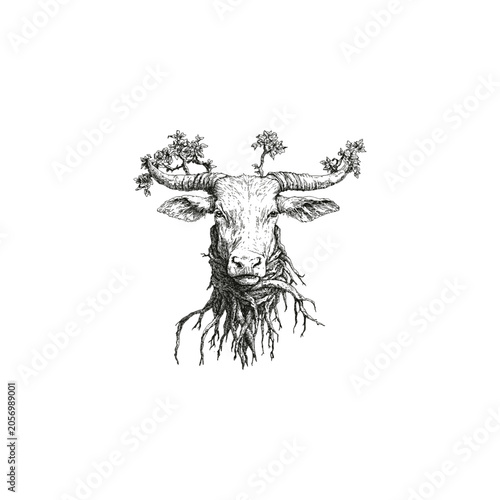 Hand drawn vintage engraving illustration of a mystical bull head combined with tree roots and growing branches on horns, isolated on white background.