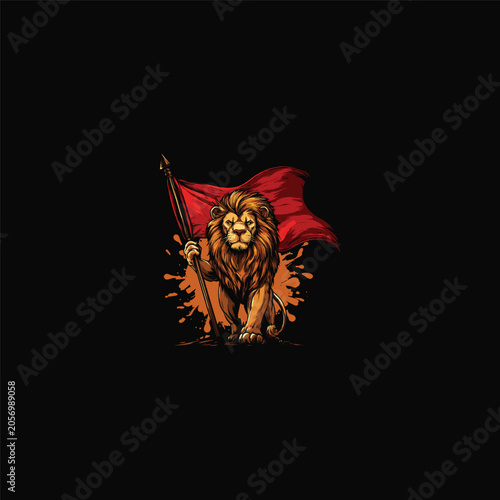 Powerful lion warrior mascot illustration holding a waving red flag with orange paint splash on a black background.