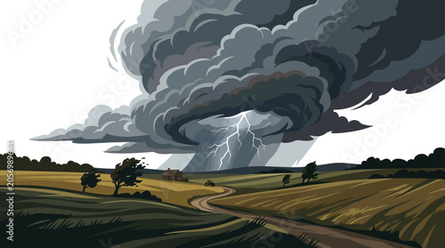 Bild auf Leinwand Dark storm cloud over field landscape.