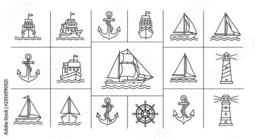 Collection of nautical icons: ships, anchors, lighthouses, and steering wheel