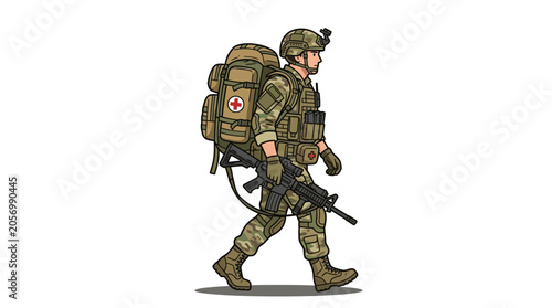Soldier walking with gun and backpack.