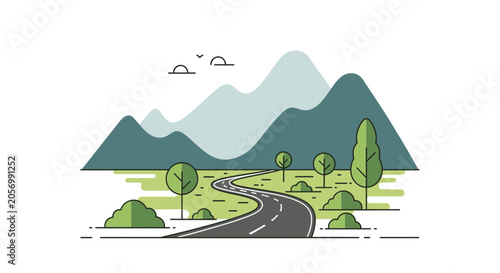 Foto Winding road through green landscape.