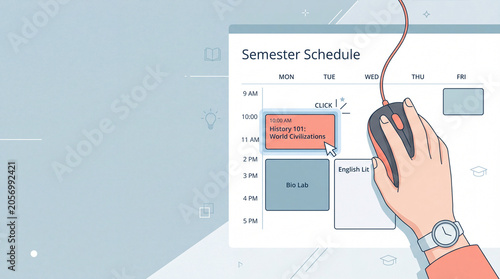 Vector illustration of a student hand using a computer mouse to organize an online semester schedule