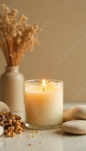 Burning vanilla candle, dry flowers, beige backdrop, smooth stones, home spa setting, burning candle, simple, interior design