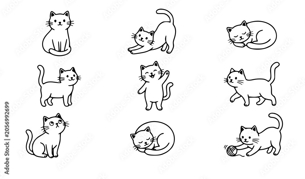 Fototapeta premium Title: Cute Black White Cat Activity Scene Simple Flat Vector Illustration Pack