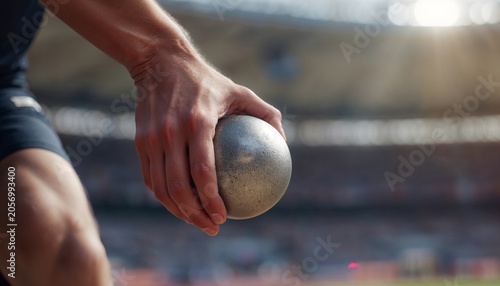 close up of an athlete holding a metal shot put ball in a stadium during a competition