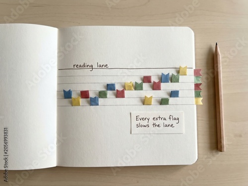 Book Page with Flags Marking a Reading Lane for Low Attention Span