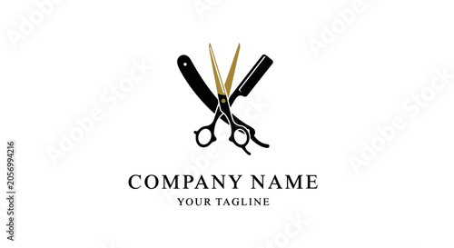 Foto Barber shop logo with scissors and straight razor.