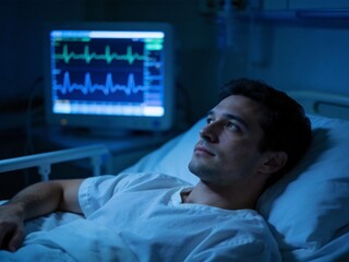 Man lying in hospital bed with vital signs monitor displaying heart rate in dimly lit room