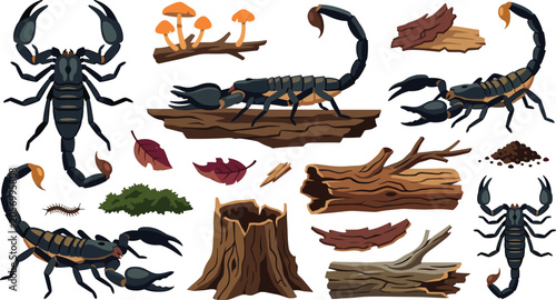 Foto Scorpion Habitat Vector Set with Venomous Arachnids, Tree Stumps, Logs, Mushroom