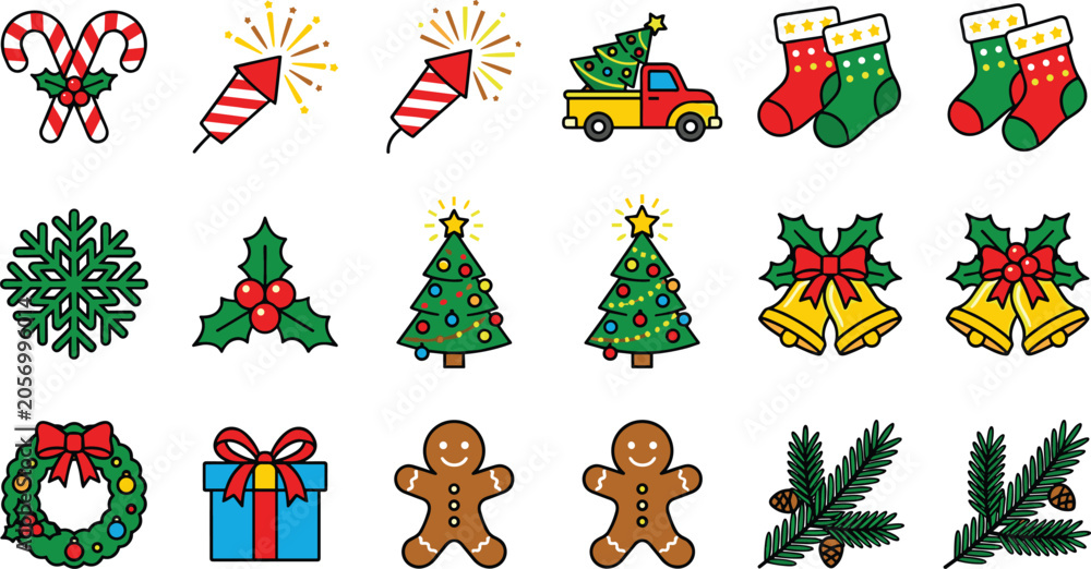 Fototapeta premium Christmas Holiday Icon Collection Featuring Festive Decorations Gifts Trees Stockings Bells and Seasonal Vector Elements