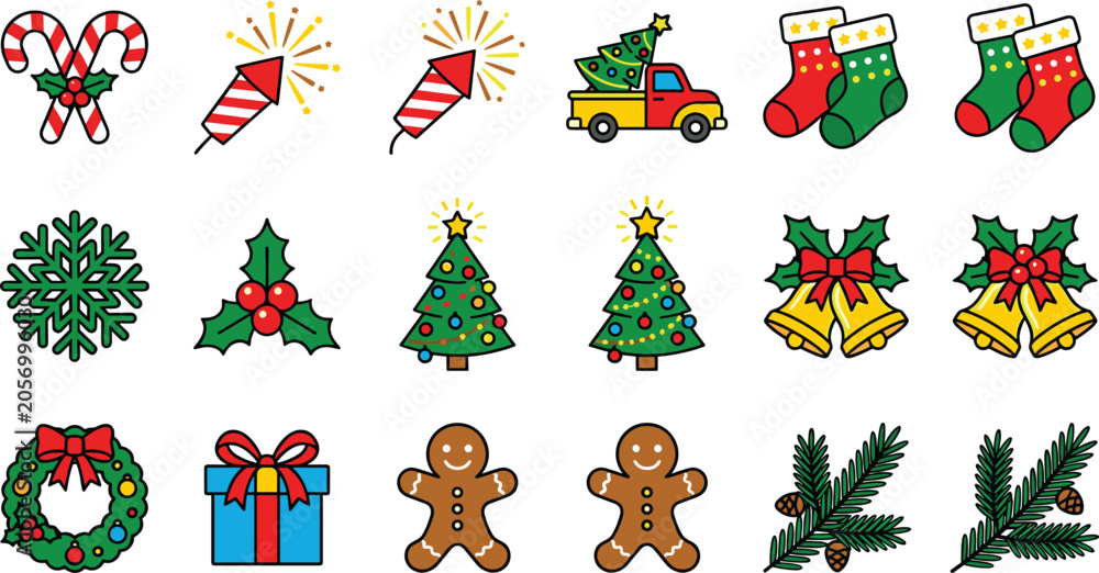 Fototapeta premium Christmas icons set, festive holiday symbols, candy cane, tree, wreath, gift, gingerbread vector illustration, seasonal design artwork collection