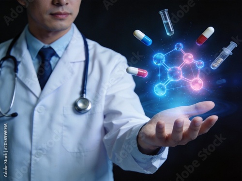 Doctor holding a glowing molecular structure with floating medical items