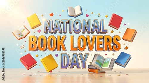 National book lovers day text sign surrounded by colorful flying books and decorative elements for a fun library celebration