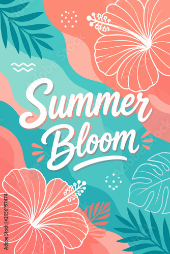 Summer Bloom Tropical Hibiscus Floral Vector Illustration Poster