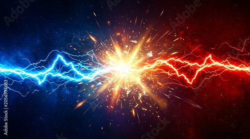 Bright blue and red electrical lightning bolts colliding in a powerful explosion of light with sparks on a dark black background