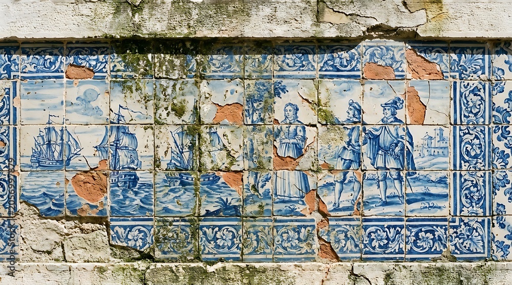 Fototapeta premium Hand-painted azulejo tiles depicting historical maritime scene in blue and white traditional Portuguese style