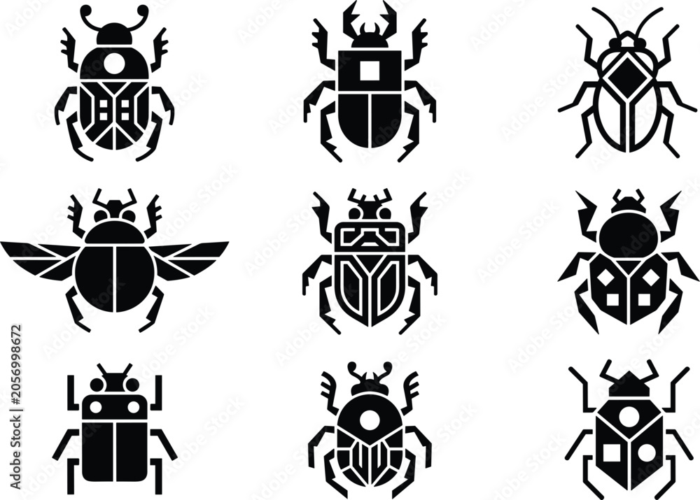 Obraz premium Geometric beetle and bug silhouette icon set featuring black tribal scarab ladybug and insect vectors isolated on white background.