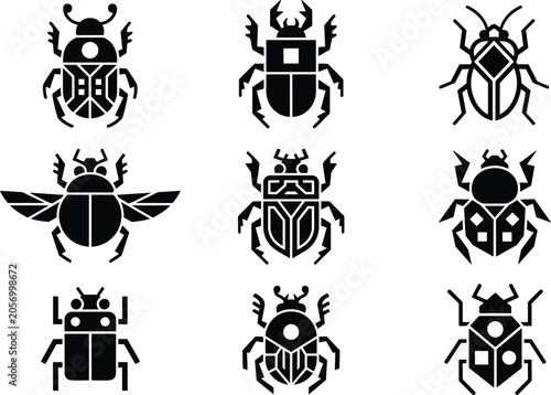Cuadro en lienzo Geometric beetle and bug silhouette icon set featuring black tribal scarab ladybug and insect vectors isolated on white background