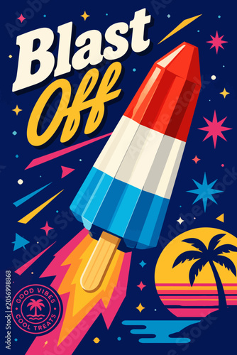 Retro Rocket Popsicle Vector Illustration Blast Off Summer Poster