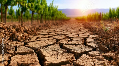 Cracked Soil in Agricultural Field During Drought with Sunlight in Background and Vineyards in Distance