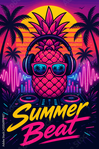 Retro Summer Beat Vector Illustration with DJ Pineapple and Palm Trees