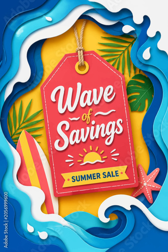 Summer Sale Vector Illustration with Wave of Savings Price Tag Design
