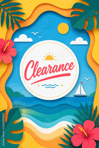 Summer Clearance Vector Illustration with Tropical Beach Paper Cut Design
