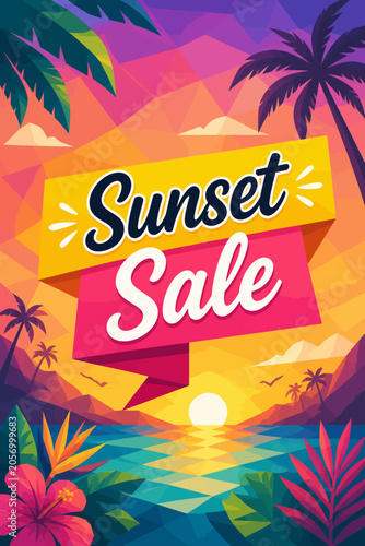Vibrant Tropical Sunset Sale Banner Vector Illustration Template