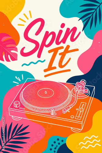 Colorful Retro Turntable Vector Illustration Poster Spin It Design