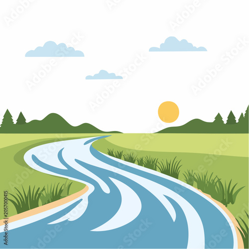 Stylized Landscape with Winding River and Sun