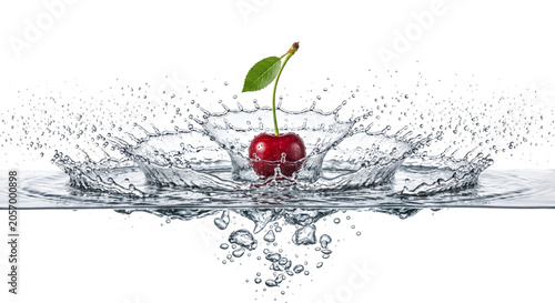 Macro high speed photography of deep red cherry with stem water splash isolated on white
