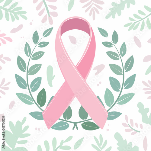 Pink ribbon symbol surrounded by green leaves and pink petals on white background