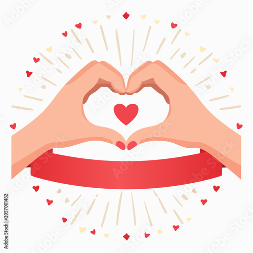 Hands forming heart shape with fingers around red ribbon and hearts