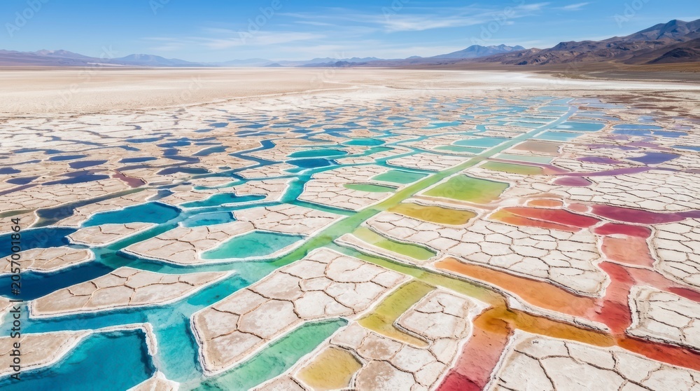 Fototapeta premium Vibrant Salt Flats Landscape with Colorful Water Ponds