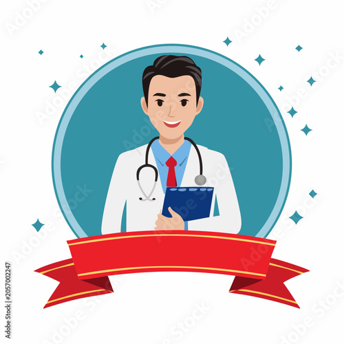 A smiling doctor in a white coat holds a clipboard in front of a teal background with a red banner.