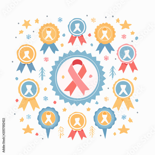 A colorful illustration of a pink ribbon surrounded by badges and confetti.