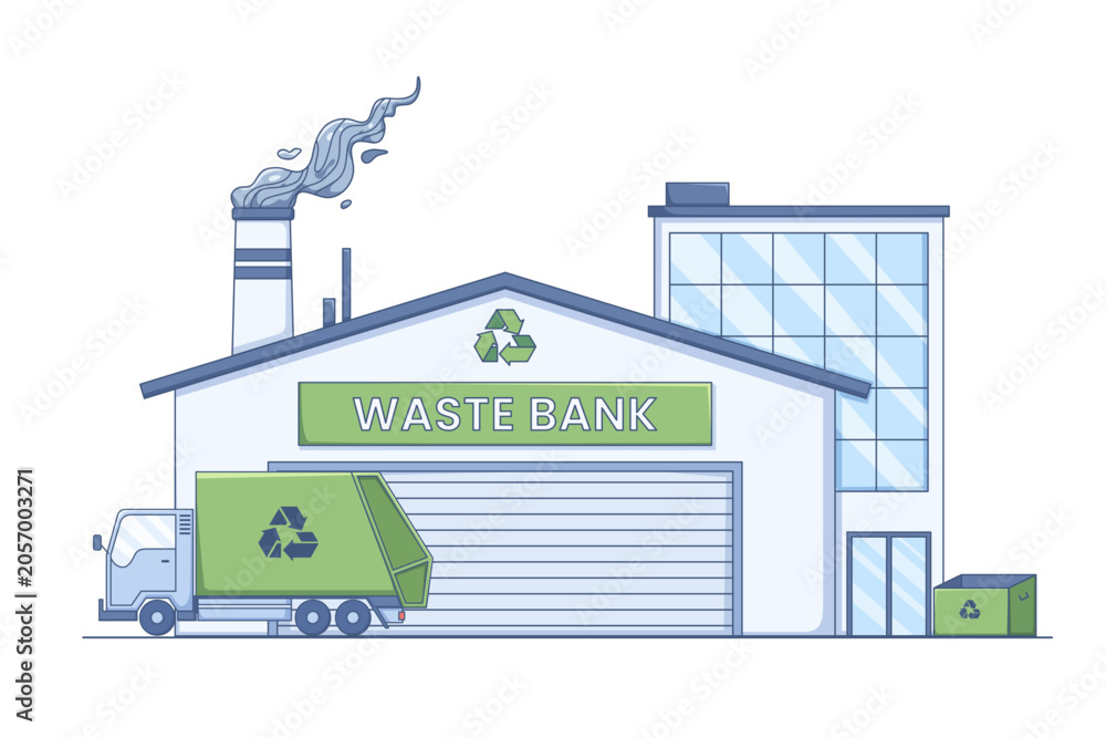 Naklejka premium Illustration of a waste bank or recycling center with a garbage truck parked outside, Waste banks are used to manage waste more properly and promote environmental sustainability