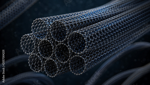 Close Up View Of Carbon Nanotube Cylinders With Hexagonal Atomic Lattice | Advanced Nanomaterial Tubes In Scientific Composition | High Tech Molecular Carbon Fiber Structure