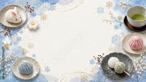 雪景色と冬の和菓子が彩る和風フレーム 冬の背景素材/Winter Japanese Frame with Seasonal Wagashi and Matcha Tea  Generative AI