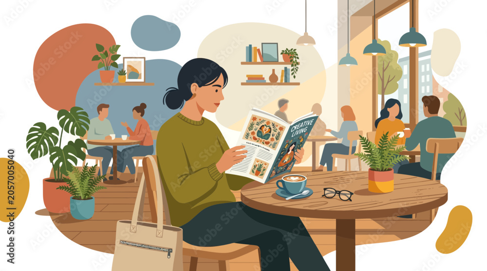 Fototapeta premium Young Woman Reading Magazine in Cozy Modern Cafe Vector Illustration