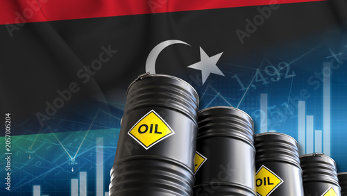 Foto The fluctuations in Libyan oil prices amidst the instability of the financial and economic markets are illustrated by oil barrels, fuel pumps, and data charts against a backdrop of the national flag
