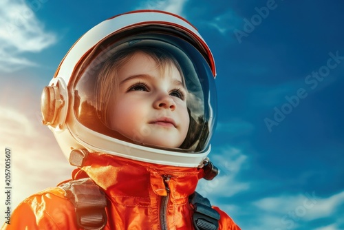 Young astronaut dreams of space exploration outdoor setting portrait blue sky inspirational journey