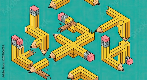 Isometric arrangement of yellow pencils on turquoise background illustration