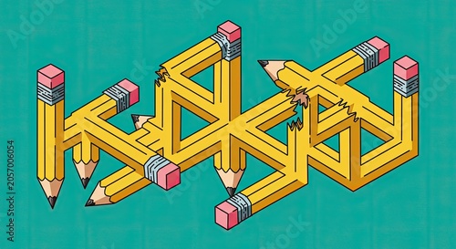 Isometric illusion of interconnected pencils on teal background